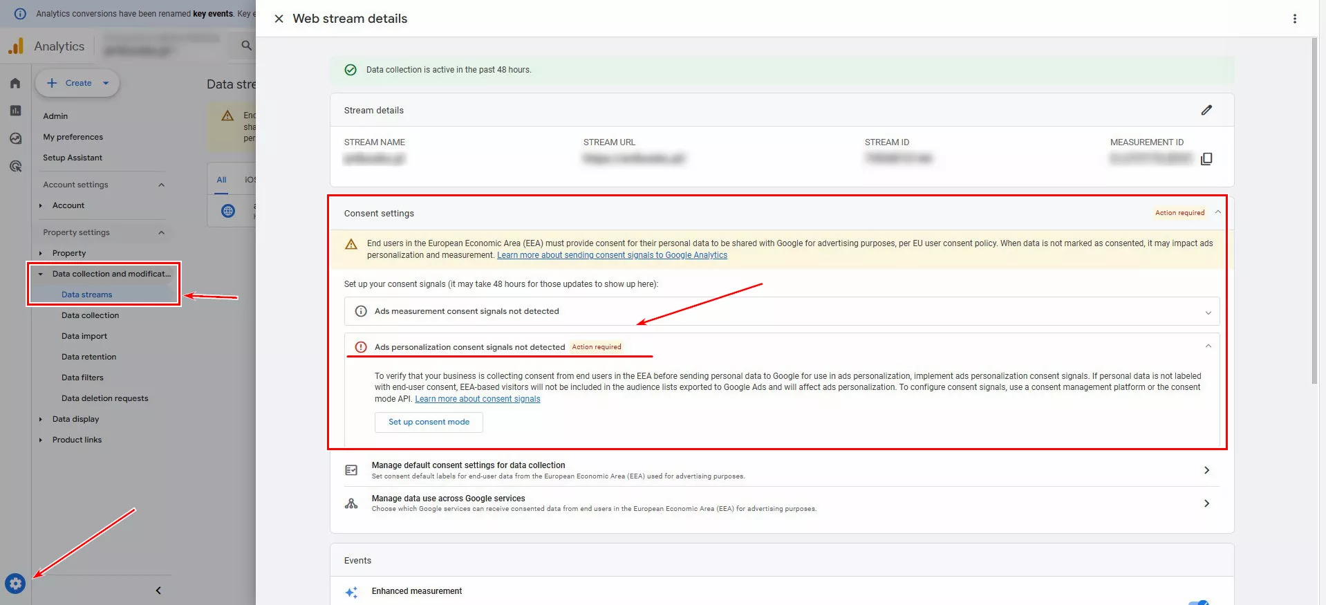 Google Tag Assistant interface displaying consent mode activated message in GA4