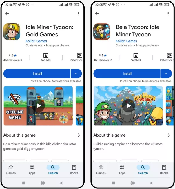 Альтернативные варианты страницы приложения Idle Miner Tycoon: Gold Games