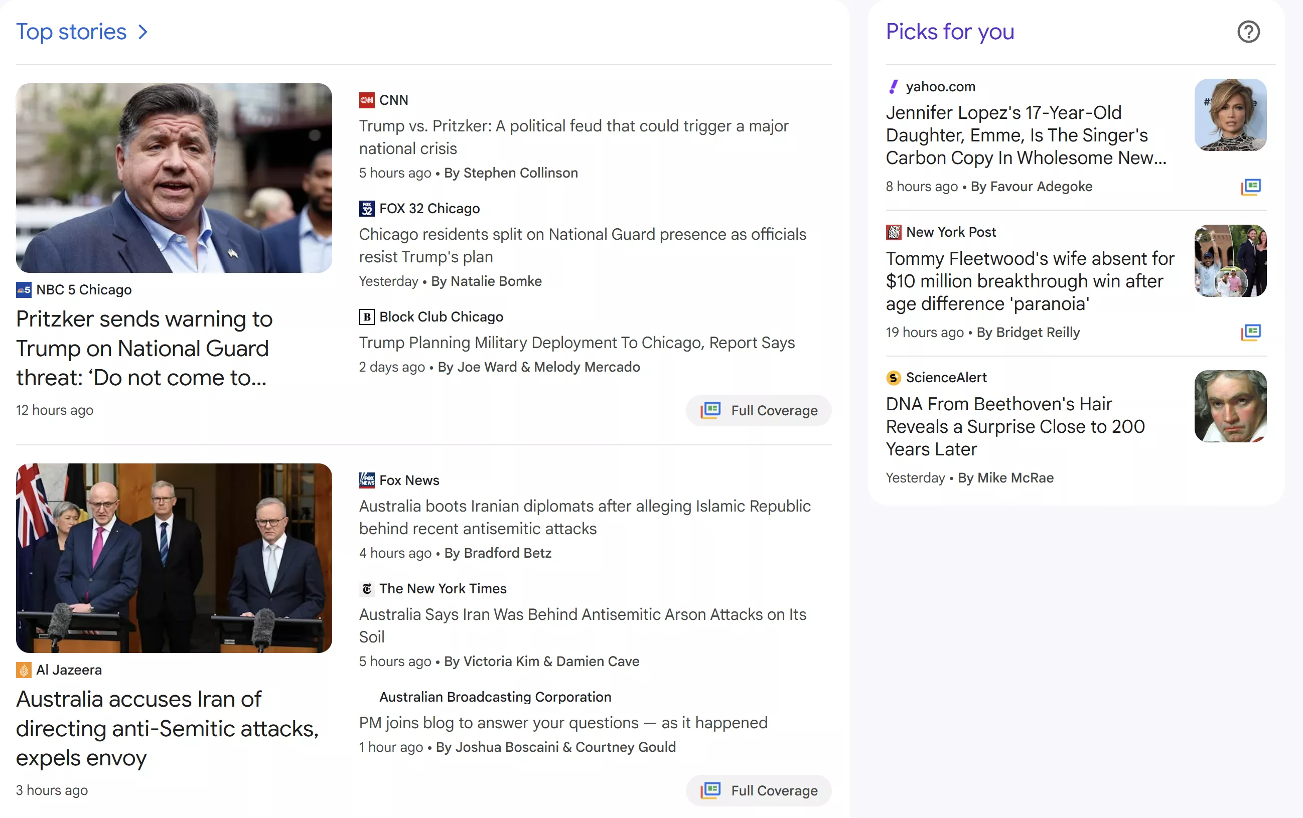 Example of news display from various online media outlets