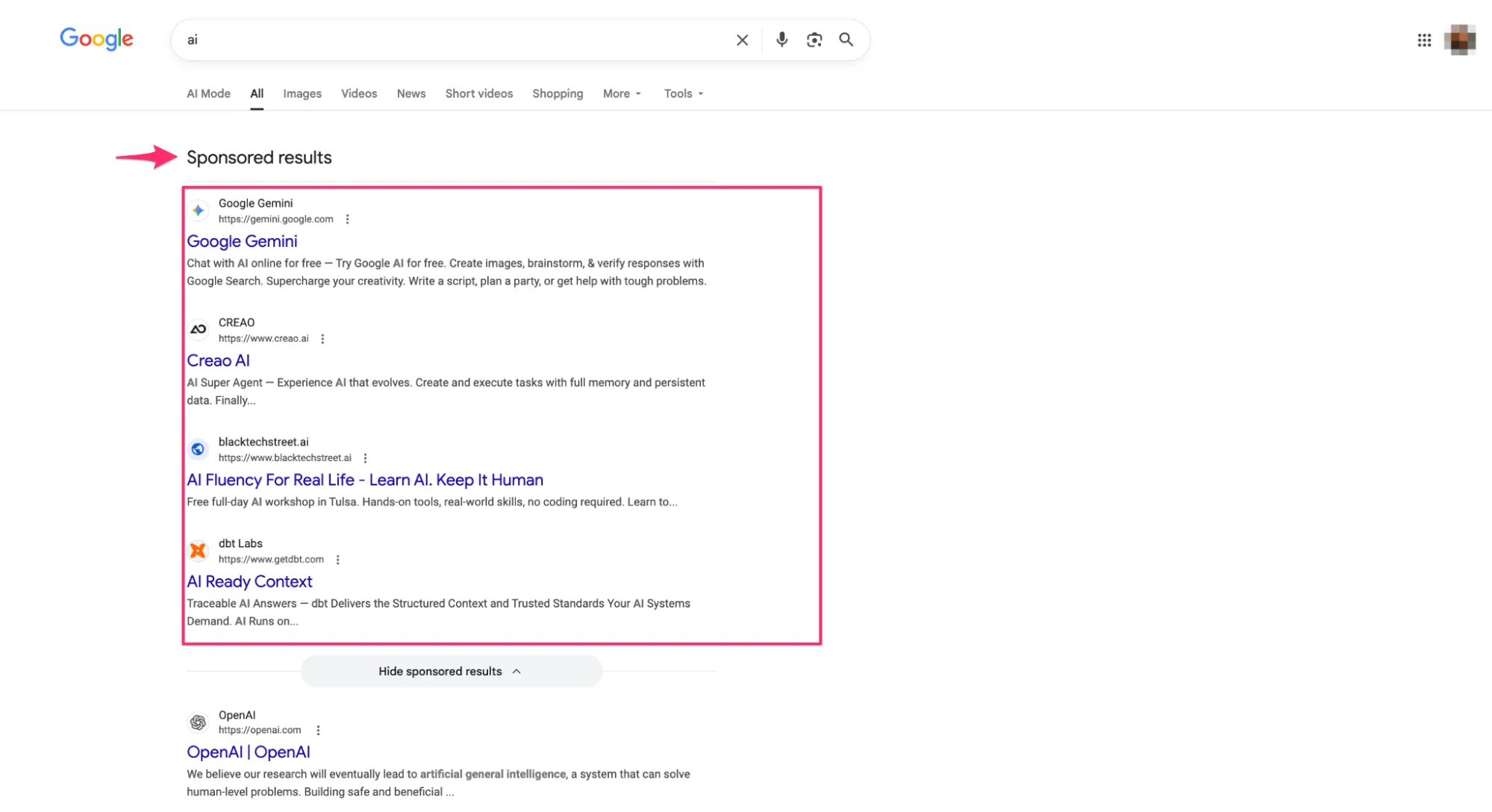 Відображення оголошення у верхній частині результатів пошуку Google