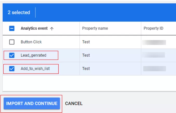 12_Выберите те ключевые события, которые хотите обозначить конверсией, и нажмите Import and Continue.