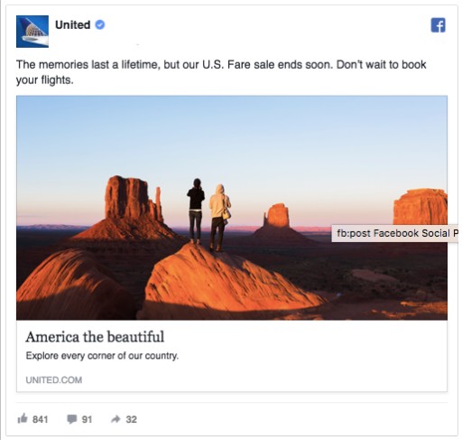 реклама във Facebook на американска авио-компания - United Airlines
