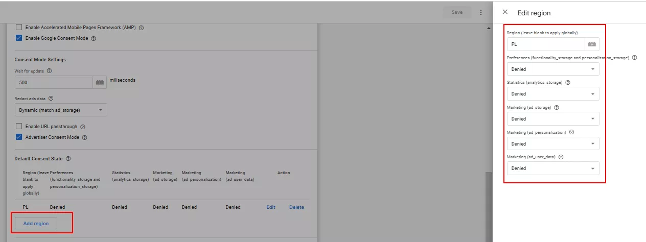GA4 tag advanced settings in GTM with consent mode options enabled