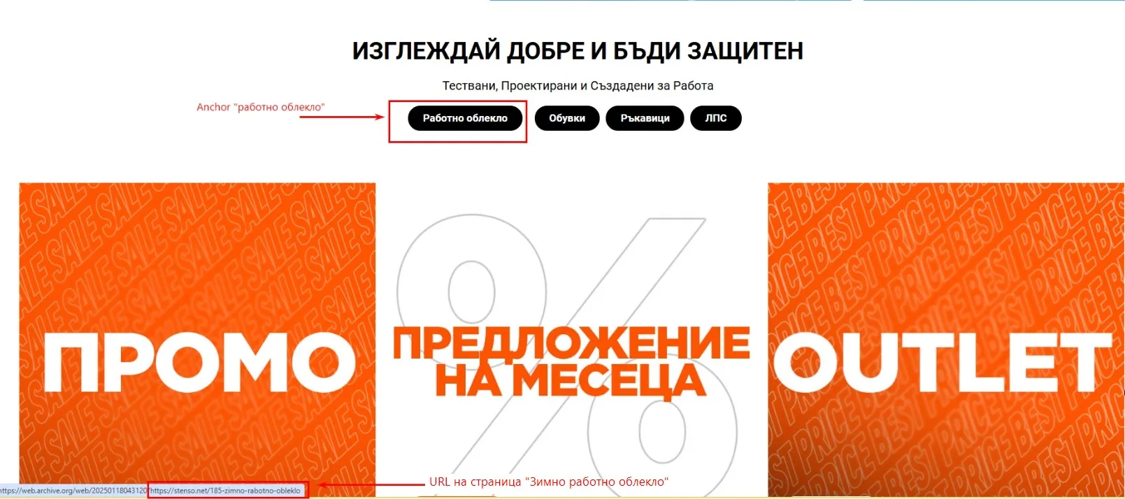 Задълбочихме още повече анализа чрез одит на анкори в рамките на сайта, които включваха фразата “работно облекло” или сочеха към начална страница.