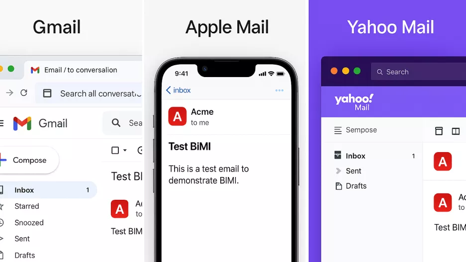 Как изглежда едно и също BIMI лого в Gmail, Apple Mail и Yahoo Mail