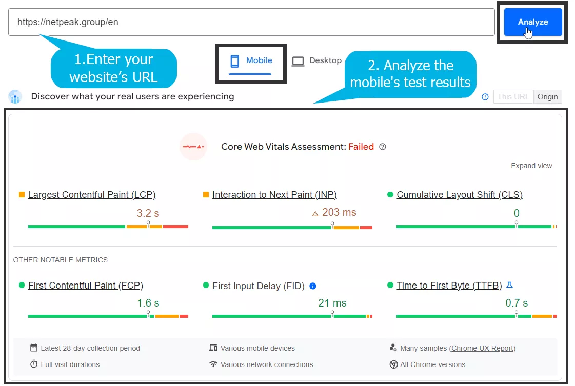 Enter your website URL and analyze the mobile version's test results