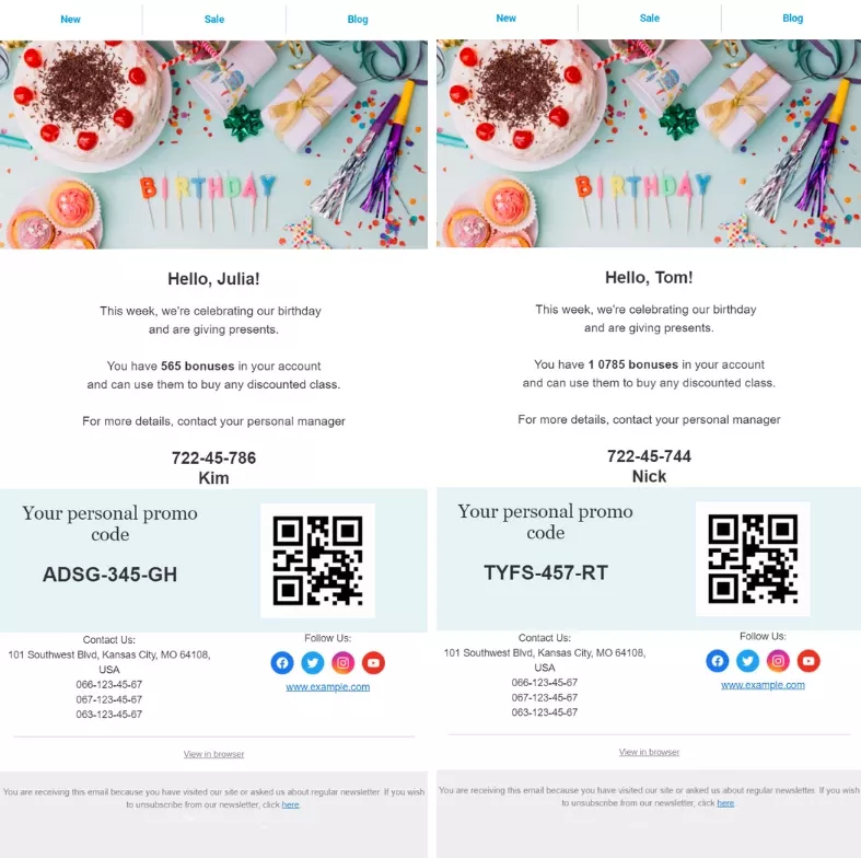 Two versions of a customized birthday promotional email with images of a birthday cake and gifts, personalized greetings for Julia and Tom, respective loyalty bonuses, contact details for personal managers, and unique QR codes linked to personal promo codes.