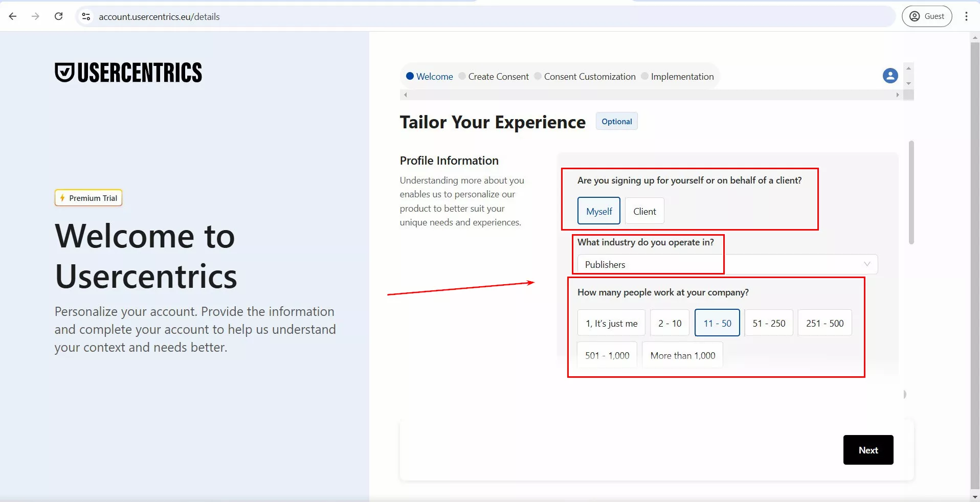 Provide information about your needs, team size, and other business details.