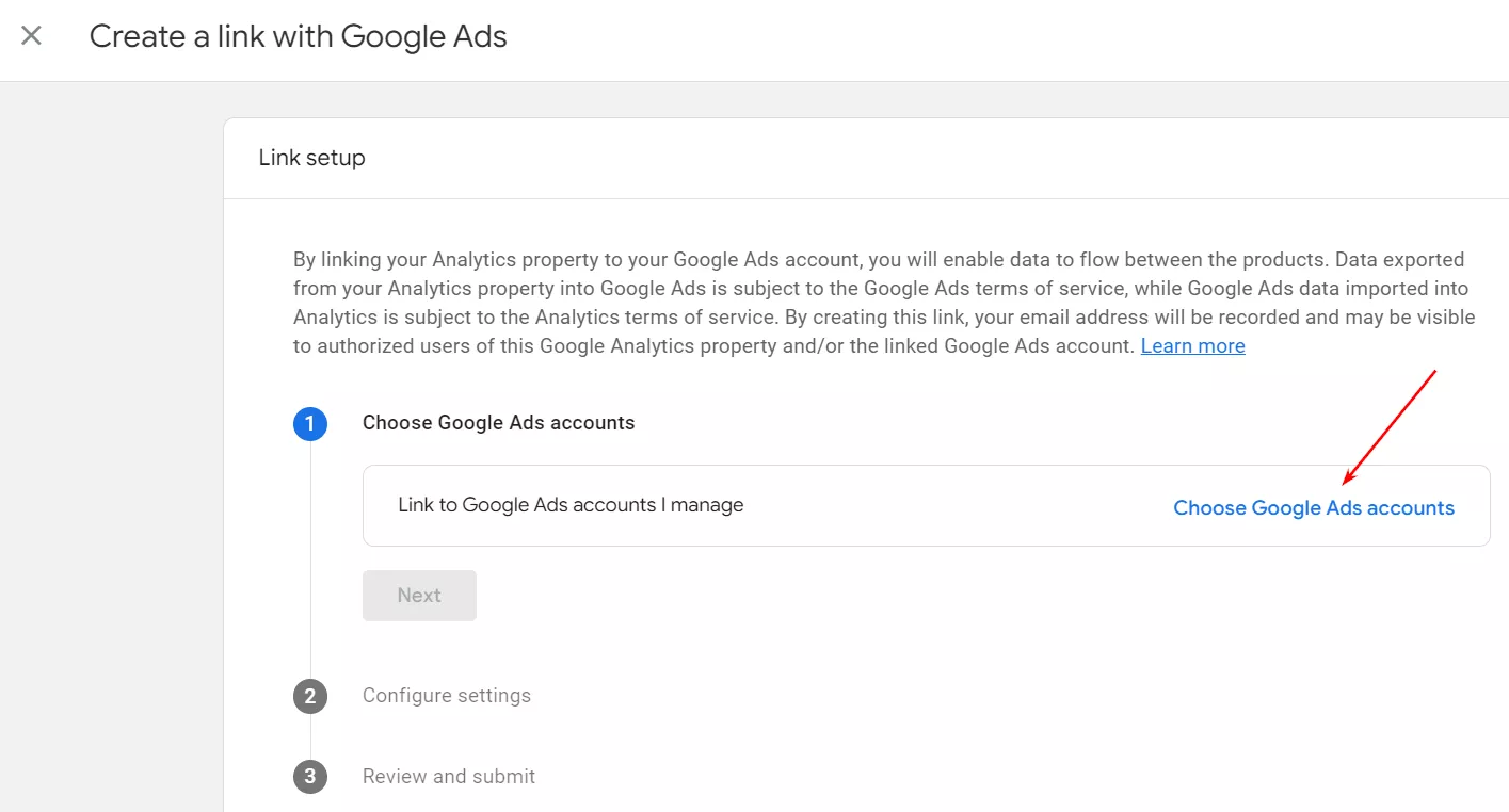 На этом шаге нажмите «Выберите аккаунты Google Рекламы».