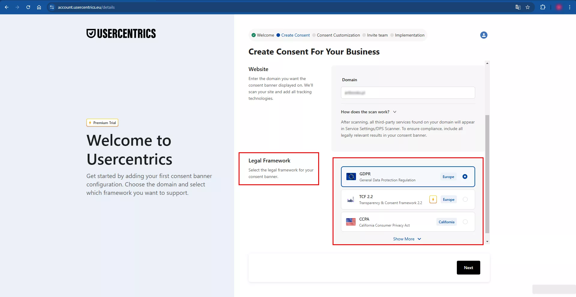 Enter the account name, country, and website domain