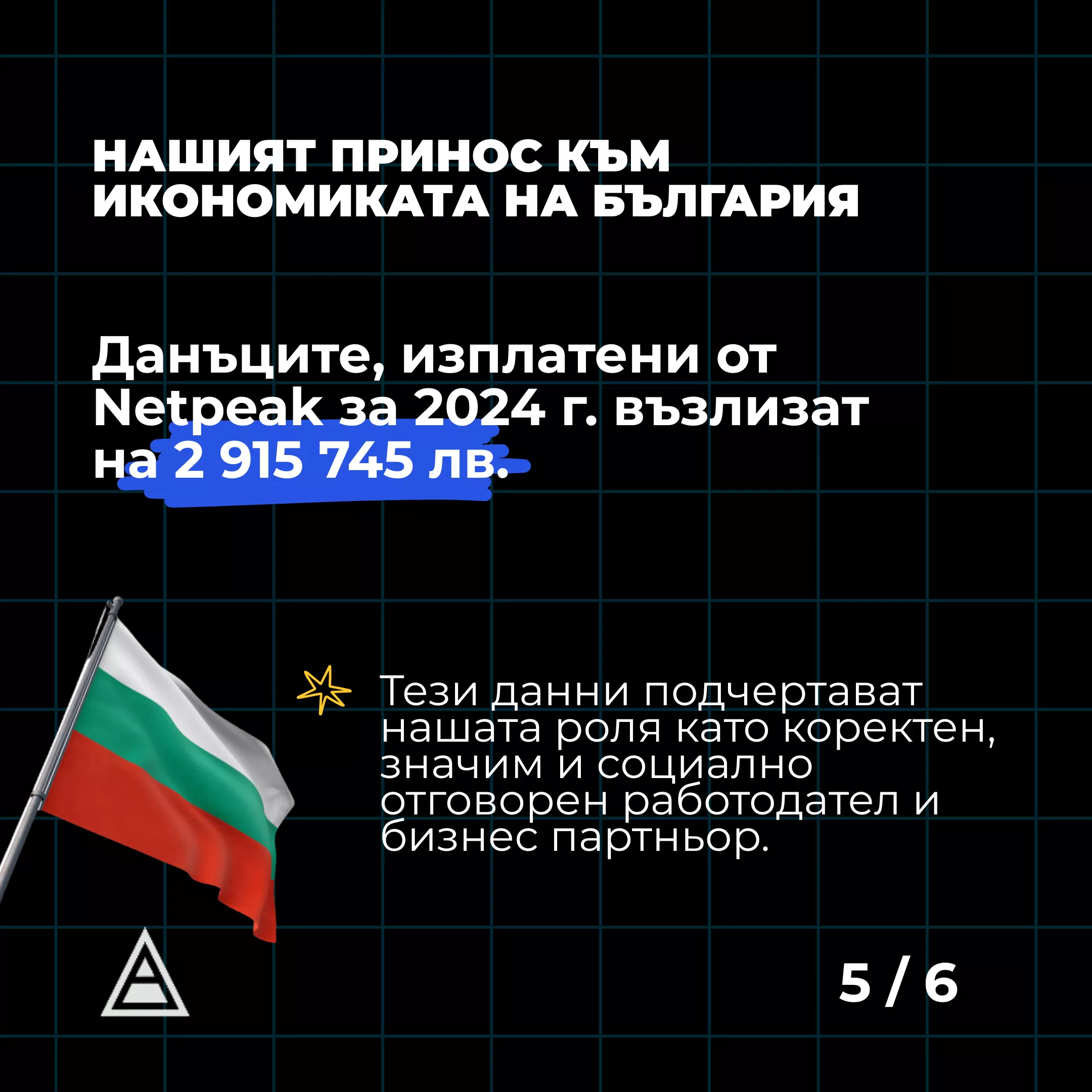 През 2024 г. Netpeak Bulgaria е изплатила общо 2 915 745 лв. под формата на ДДС, корпоративен данък и осигуровки.