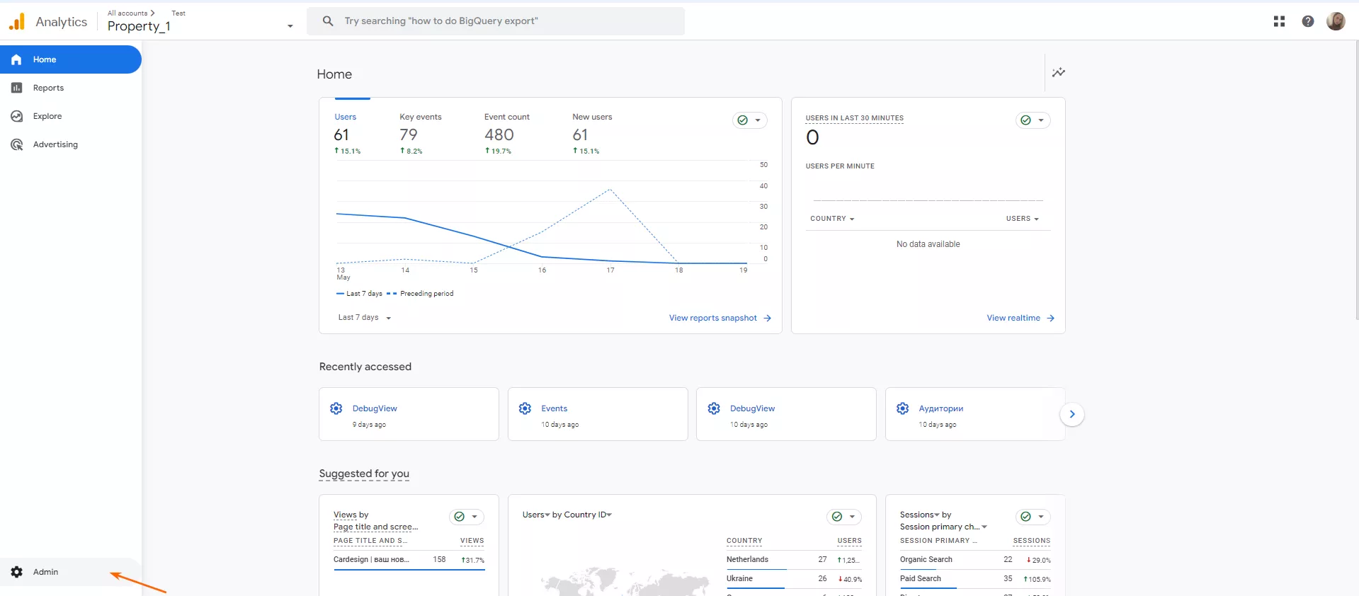 Зайдите в ваш аккаунт Google Analytics и перейдите в Admin.