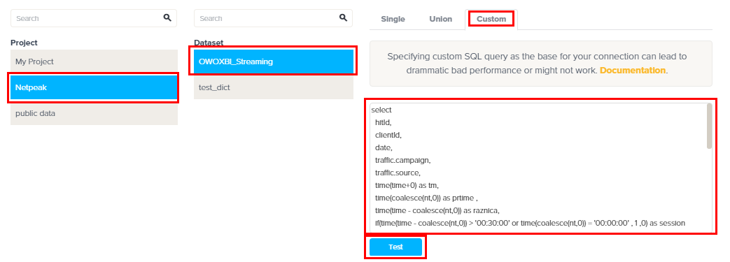 Custom дает возможность ввести текст SQL запроса к данным
