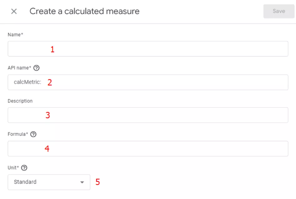 The next screen displays the calculated metric setting interface, which has five fields to set