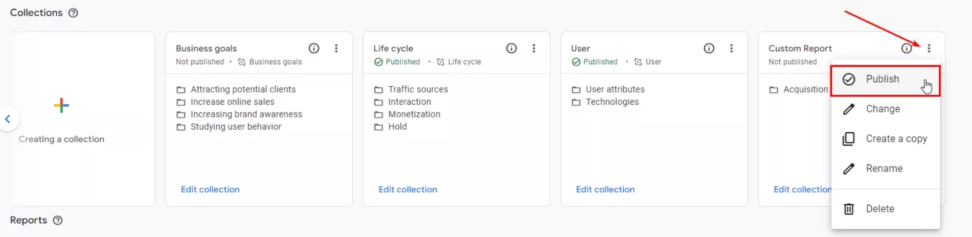 Click on the three-dot icon next to the collection and select Publish