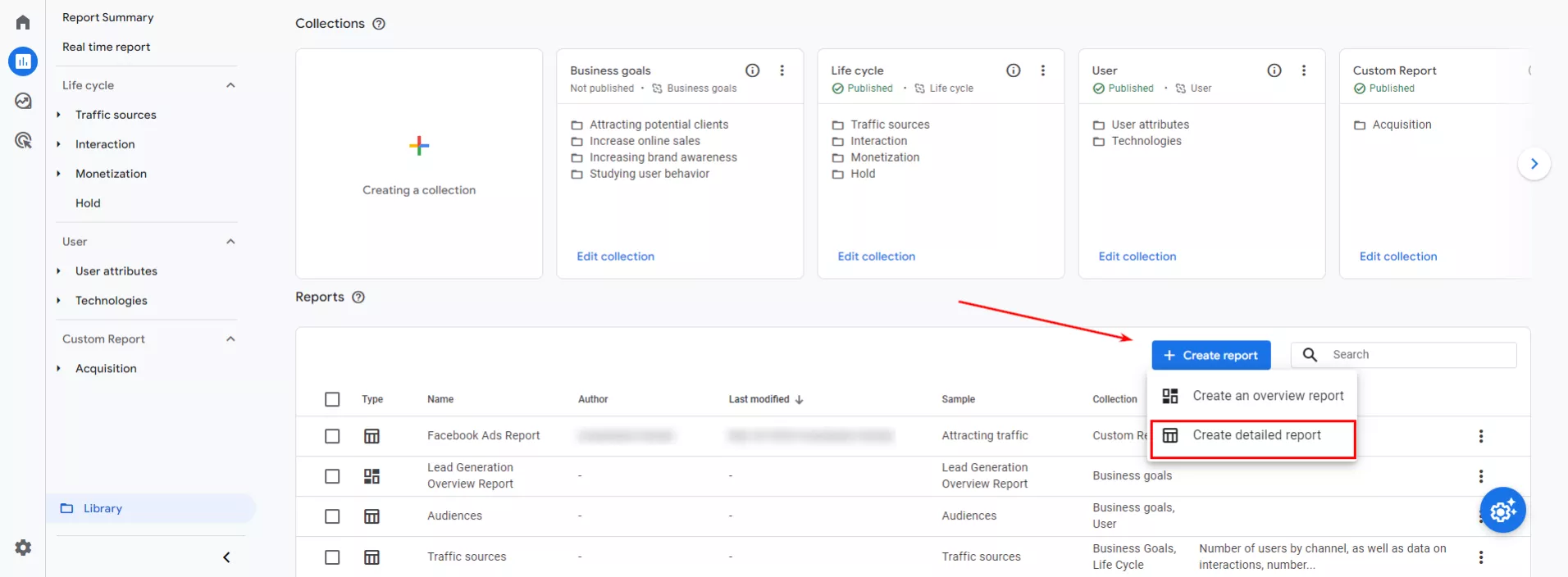 Go to Library and select Create detailed report