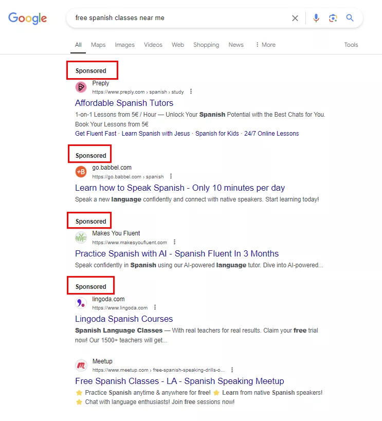 above the organic search results