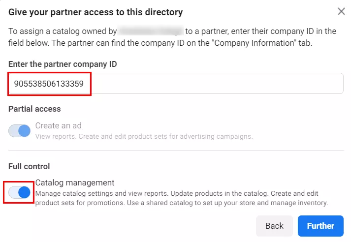 Add the partner company ID, such as the Netpeak Group company ID 905538506133359, and select the checkbox next to Catalog management