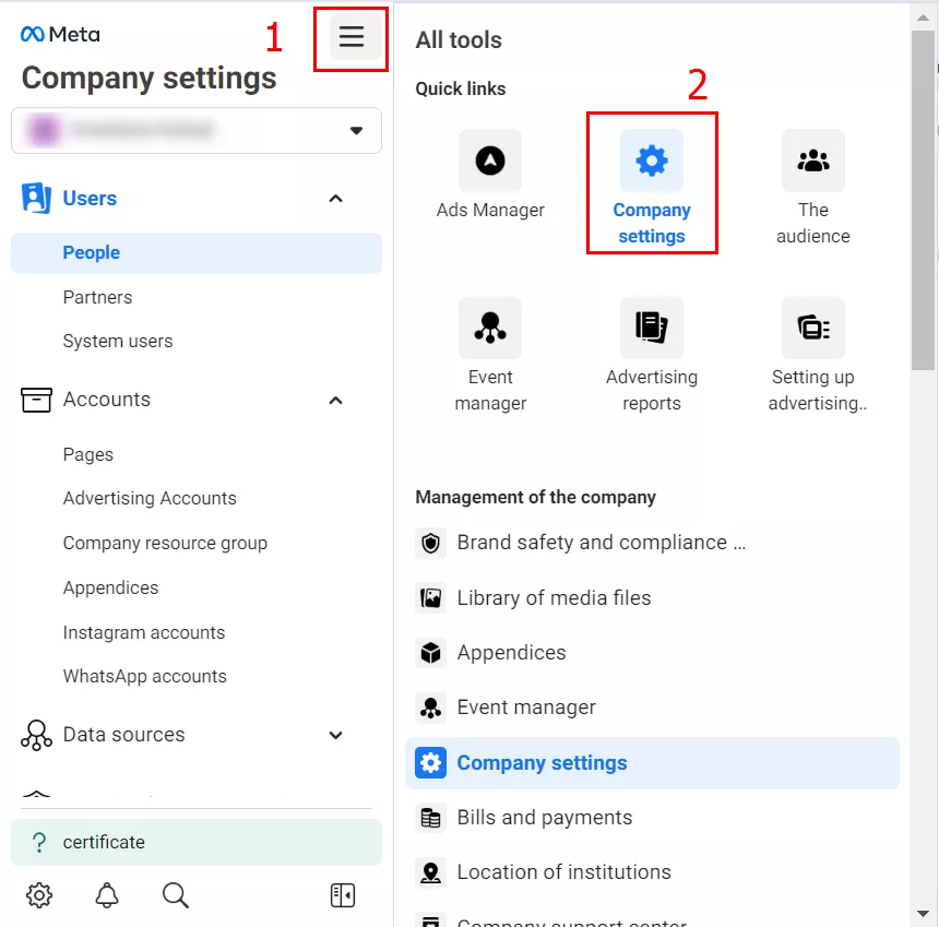 To see your access to your advertising account, go to the Business Manager settings and click Company settings