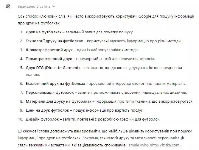 Які ключові слова найчастіше використовують користувачі пошукової системи Google для пошуку інформації про друк на футболках?