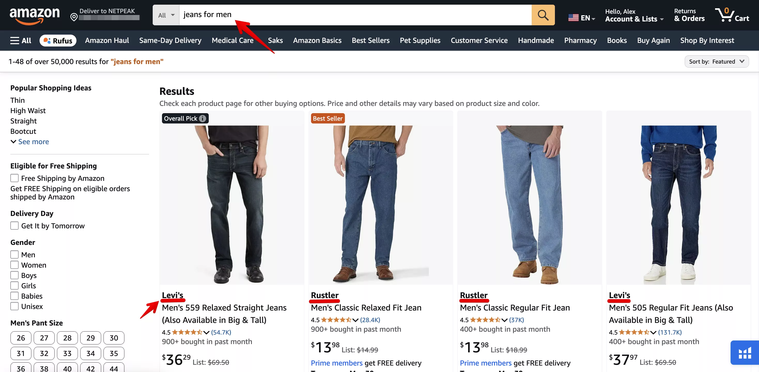 Amazon SERP for “Levi’s 501” vs. “jeans for men”