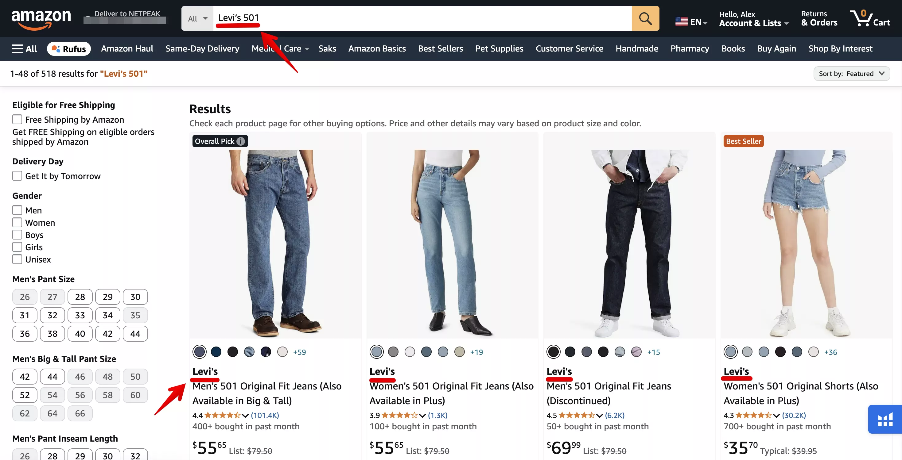 Amazon SERP for “Levi’s 501” vs. “jeans for men”