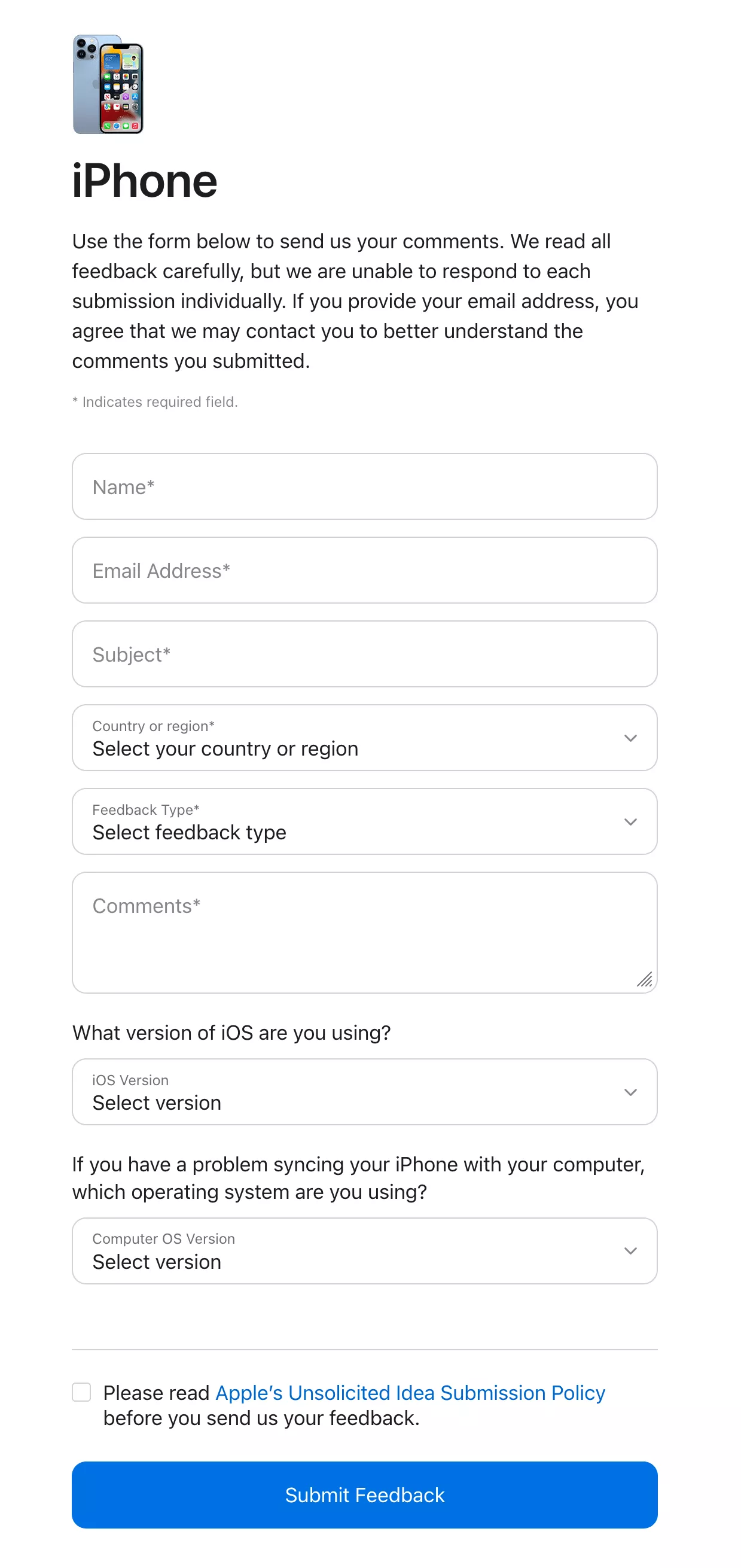 Приклад форми для збору зворотного зв’язку Apple iPhone