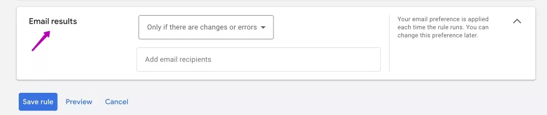 Вкажіть, ви хочете отримувати сповіщення електронною поштою, коли правило спрацьовує чи тільки коли виникають помилки