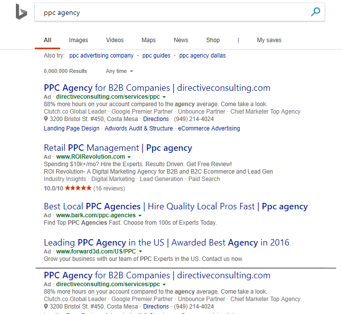 Bing may show one ad twice at the top and bottom of the search result page