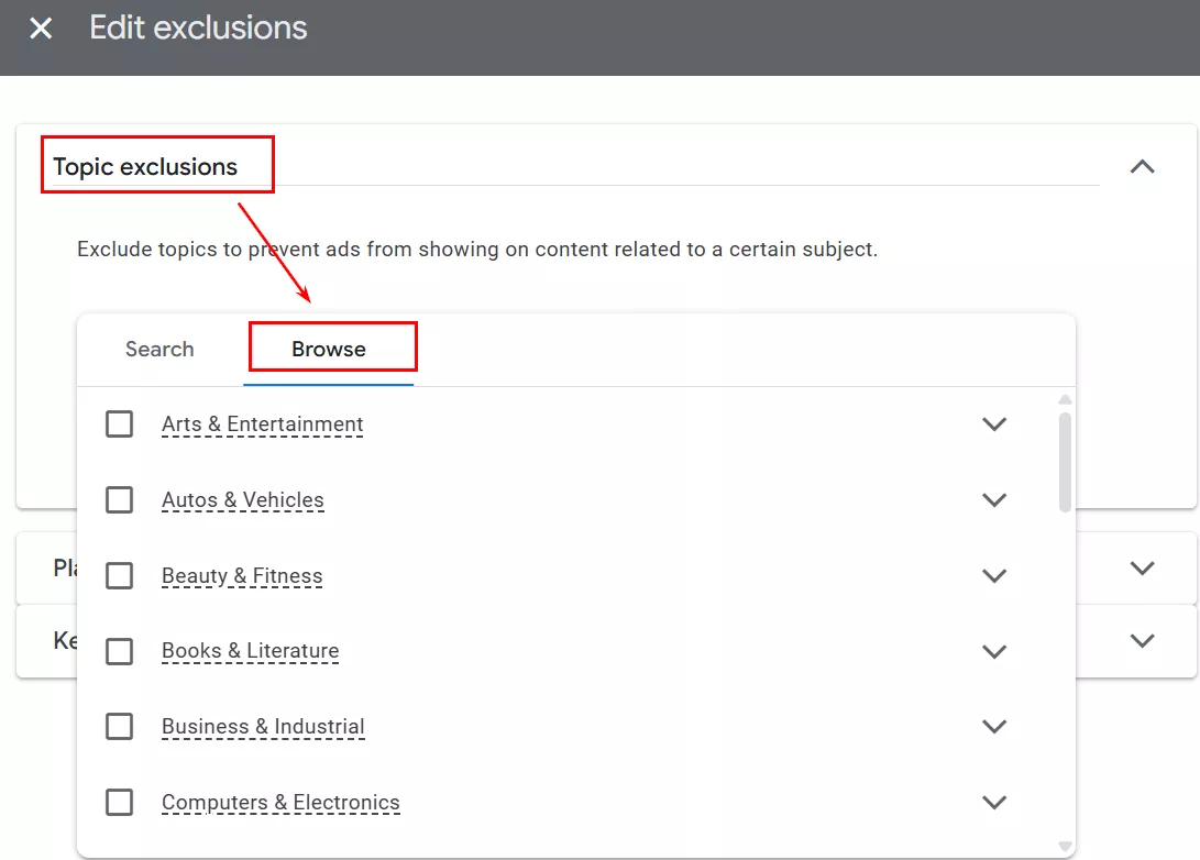 Благодаря этому реклама не будет отображаться в местах размещения с темами, которые не интересуют ваших клиентов или не соответствуют вашему бренду.