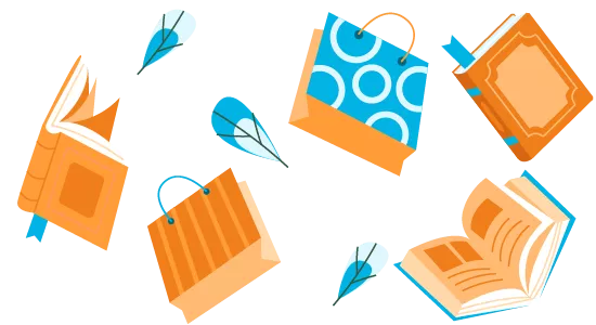 Flat design elements featuring open and closed books, quill pens, and shopping bags, suggesting a theme of literature and retail.