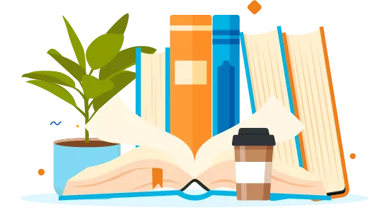 Colorful illustration of books, a plant in a pot, glasses, and a takeaway coffee cup, representing a cozy reading environment.