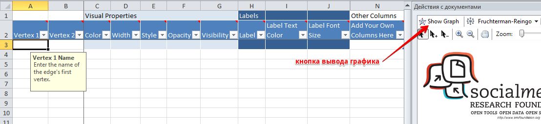 Стоит отметить, что таблицы NodeXL генерирует самостоятельно, а для построения графика нужно выбрать соответствующую опцию