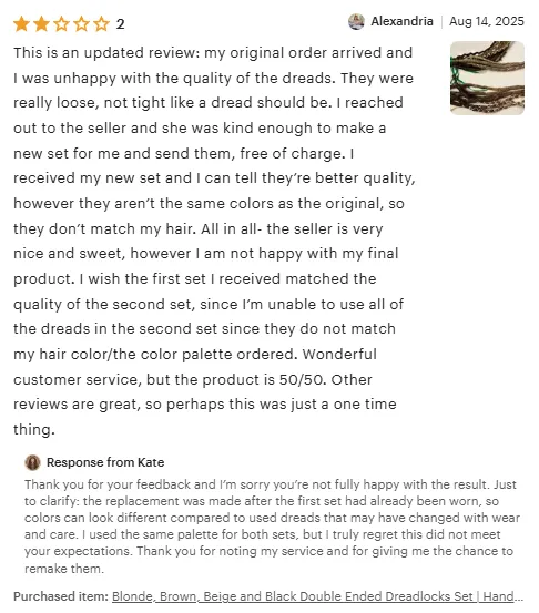 A negative review on Etsy showcases a brand's customer focus