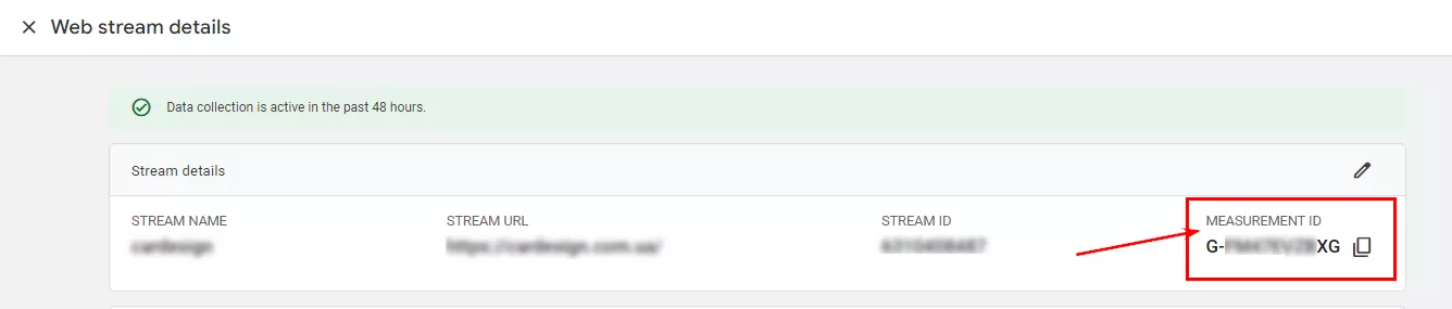 Цей ідентифікатор пов’язаний із потоком, який можна знайти в інтерфейсі Google Analytics у розділі «Admin» — «Data streams» — виберіть свій потік — «MEASUREMENT ID».