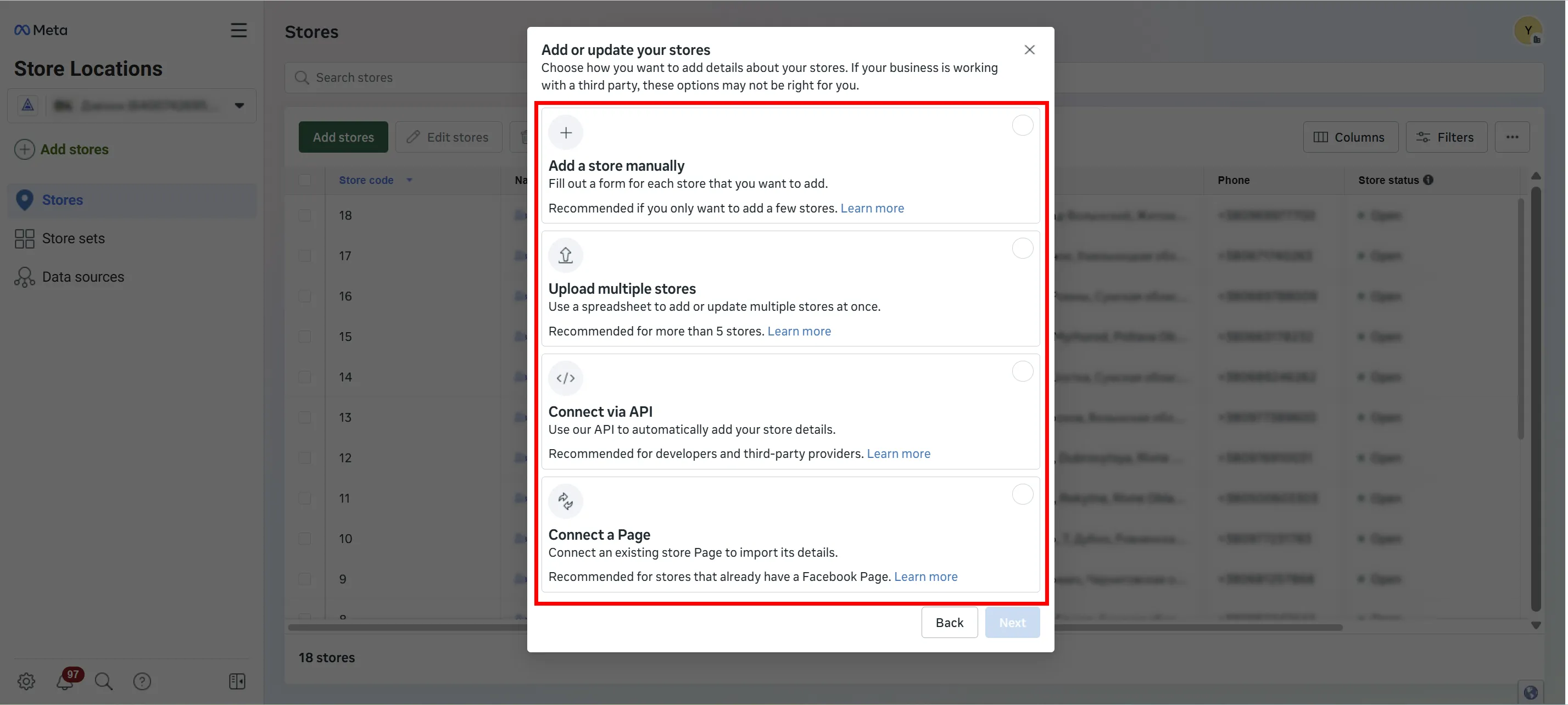 Connect a Page (Подключить страницу) &mdash; подойдет, если у каждой физической точки уже есть отдельная страница в Facebook.