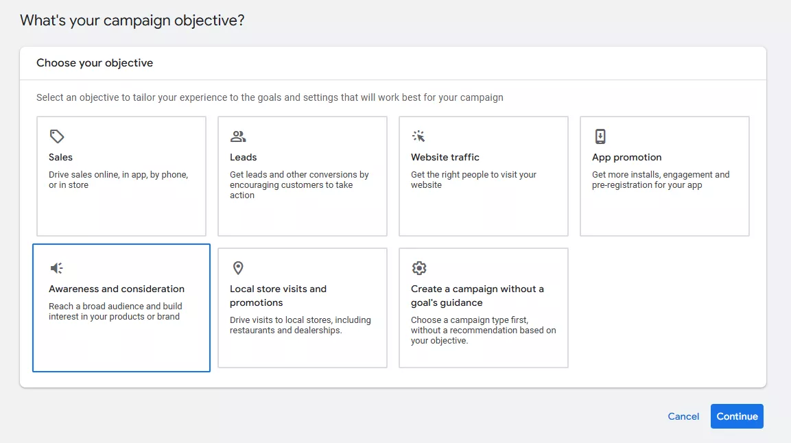 Чтобы создать кампанию TrueView, выберите цель «Awareness and consideration».