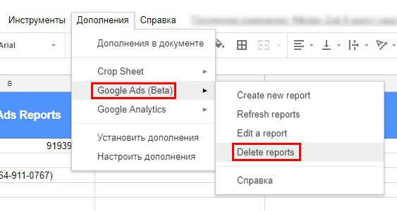 Чтобы удалить отчет зайдите в меню «Дополнения