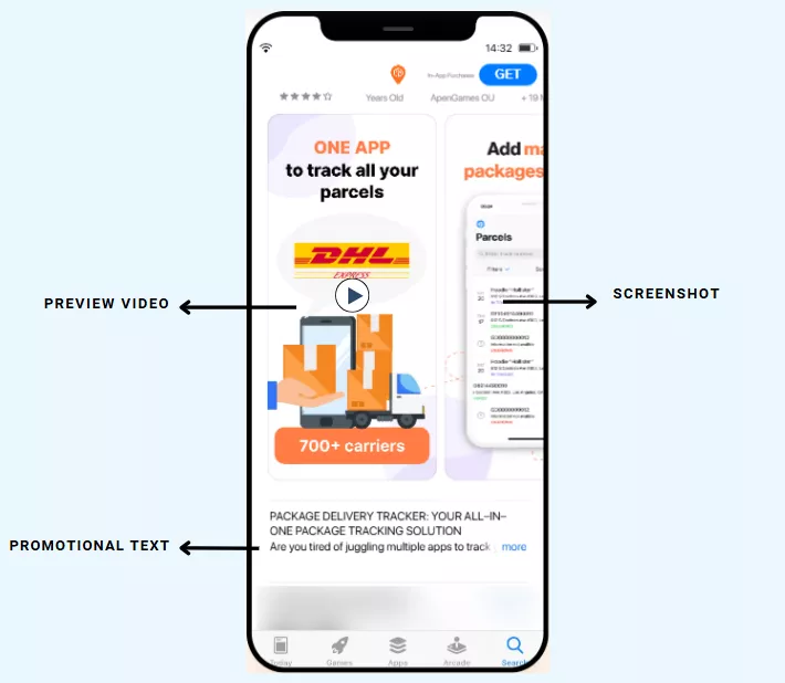 Custom Product Pages в Apple Ads представлені у вигляді спеціально налаштованих скриншотів, відео, текстів і локалізованого контенту, які показуються залежно від цільової аудиторії або ключових слів. 