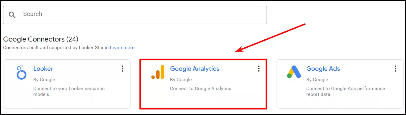 Далее откроется страница с источниками. Выберите Google Analytics.