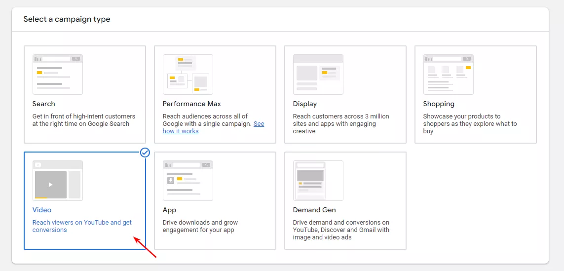 Далее выберите тип кампании «Video».