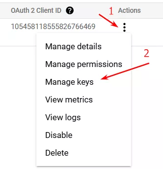 Далі натисніть на три крапки під «Actions» і оберіть «Manage Keys».