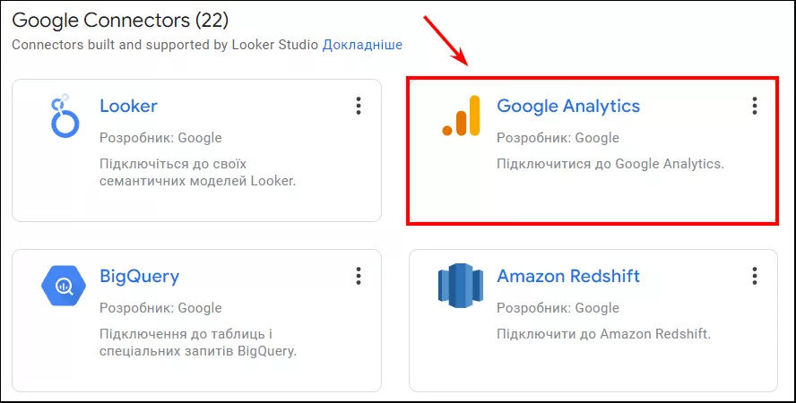 Далі відкриється сторінка з джерелами. Оберіть Google Analytics.