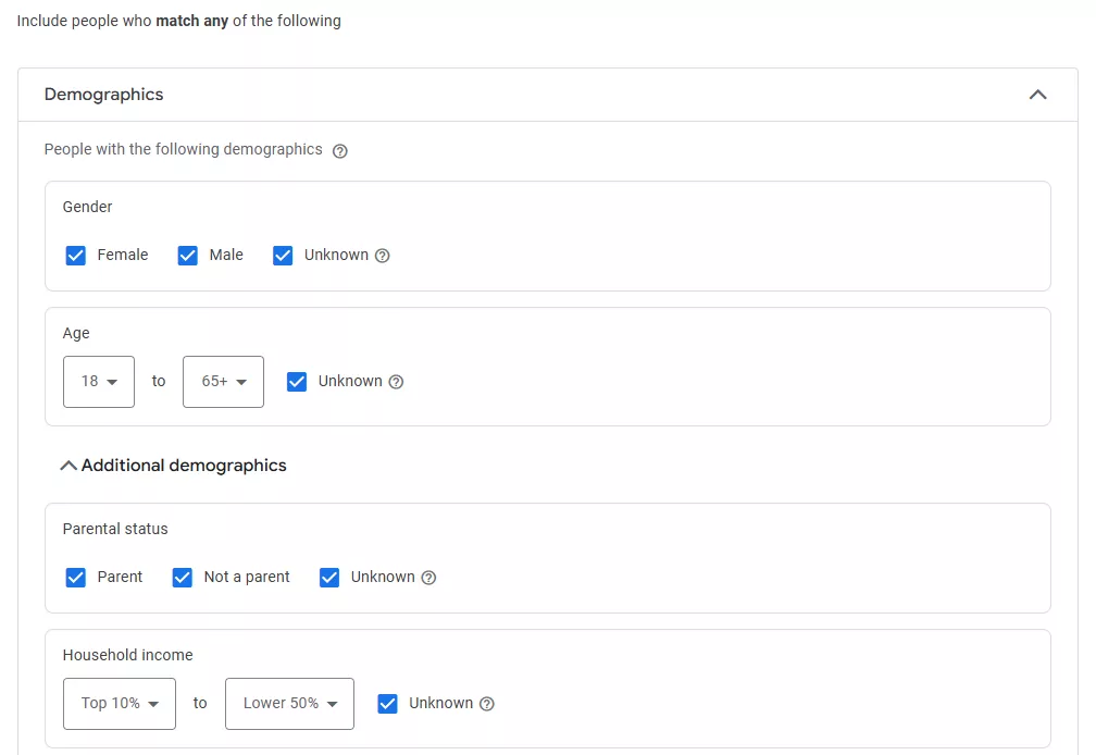 Демографический таргетинг (Demographics) — выбор пола, возрастной группы, семейного статуса, географического расположения и т. д.