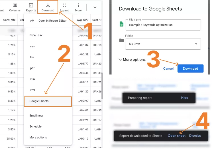 Для цього натисніть Download (1) — Google Sheets (2) — дайте звіту довільну назву та натисніть Download (3) — зачекайте, доки звіт сформується, та натисніть Open sheet (4).