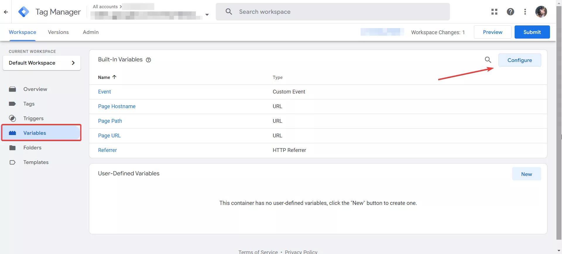 Для этого в разделе Variables нажмите Configure и выберите Scroll Depth Threshold в группе переменных Scrolling.