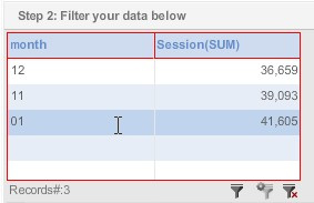 Для фильтрации данных необходимо кликнуть левой кнопкой мыши по строке со значением 01 в столбце «Month»