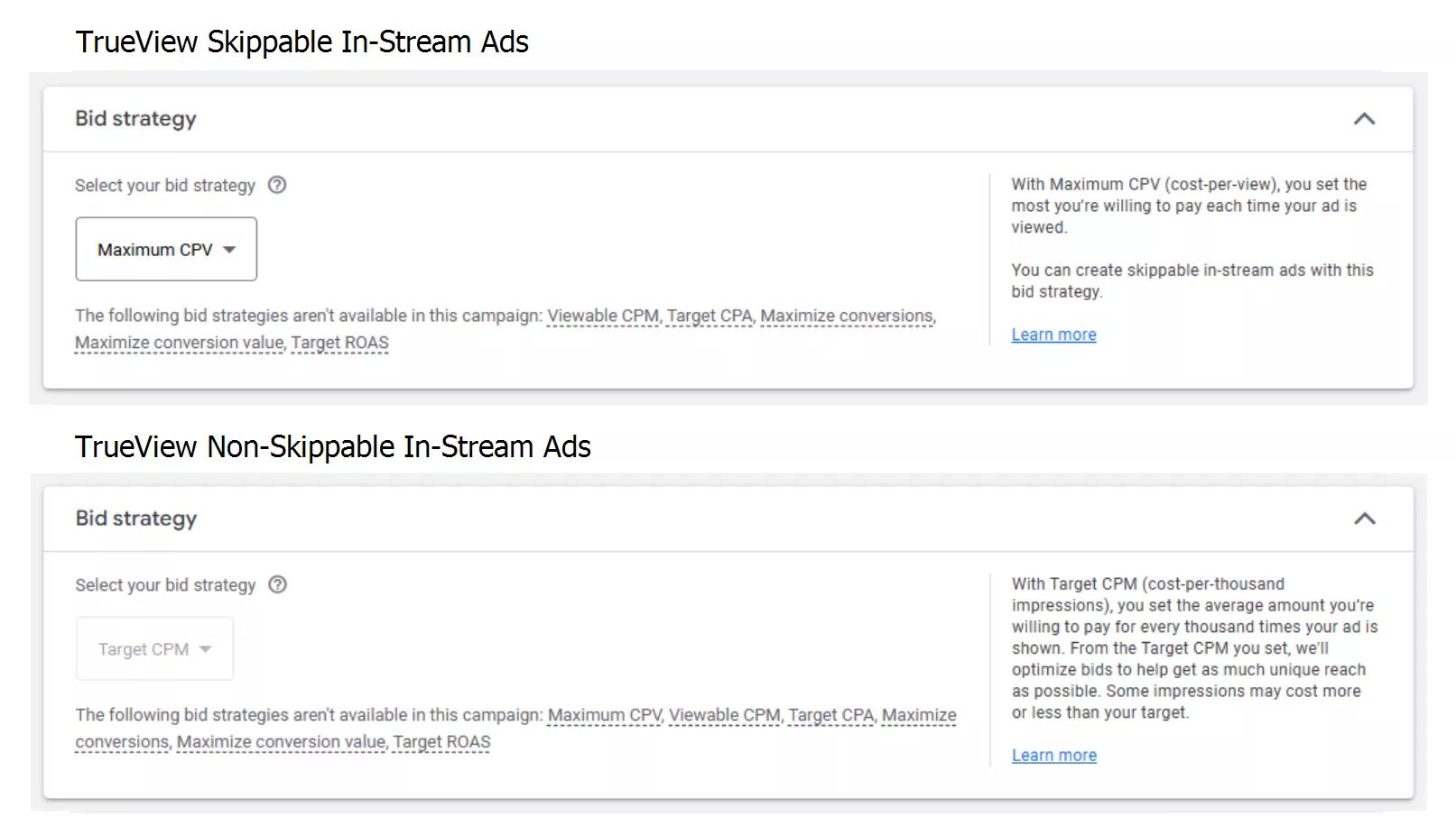 для объявлений без возможности пропуска — «Target CPM».