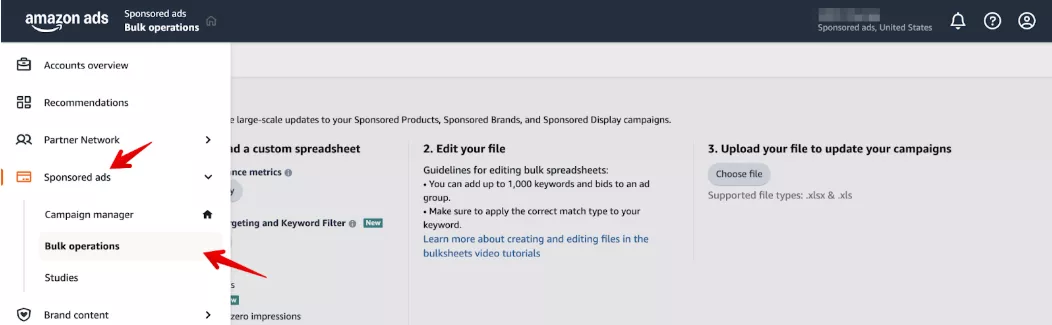 Sponsored ads Bulk Operations menu