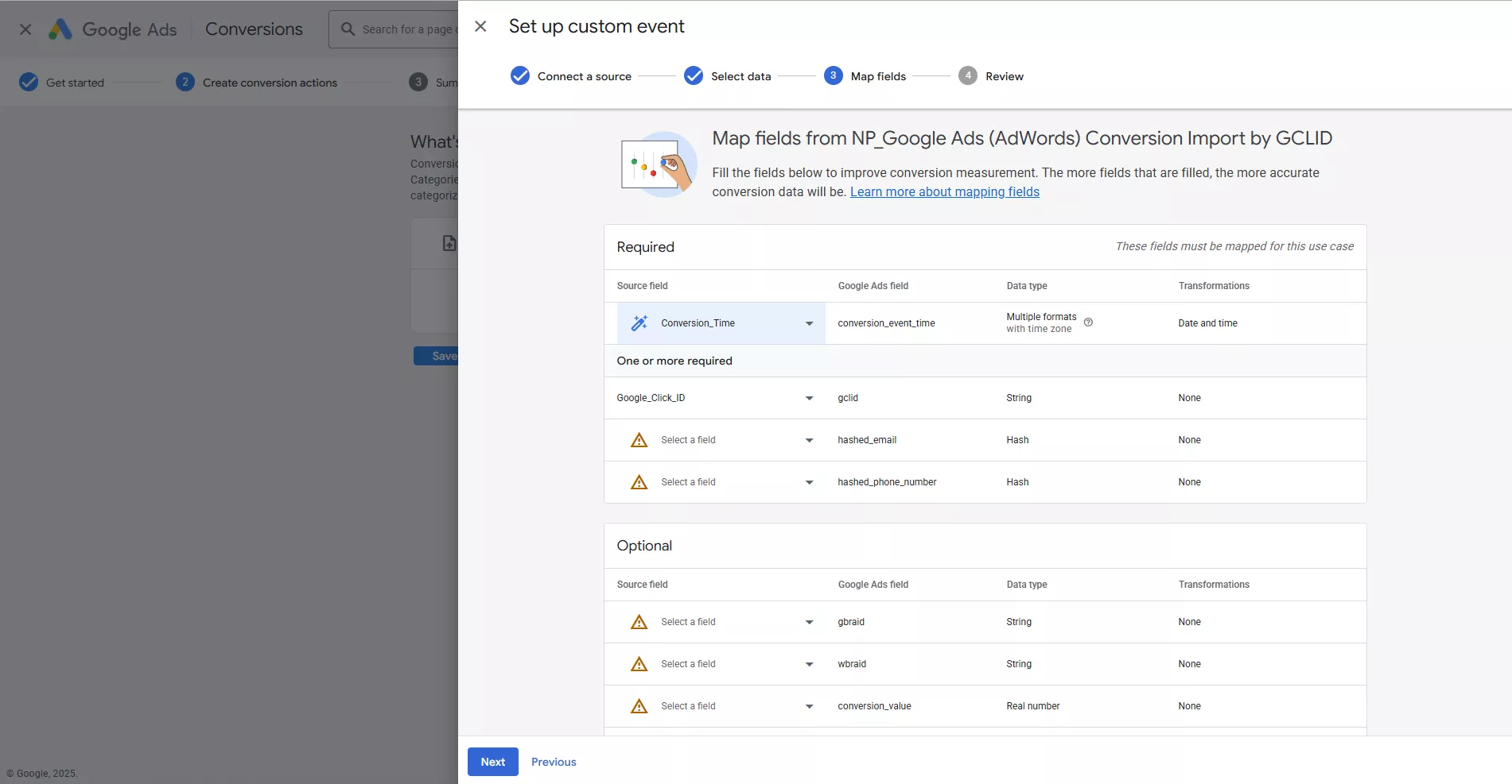 Додайте Google Sheets з хешованими даними та співставте поля з даними у Google Ads. 